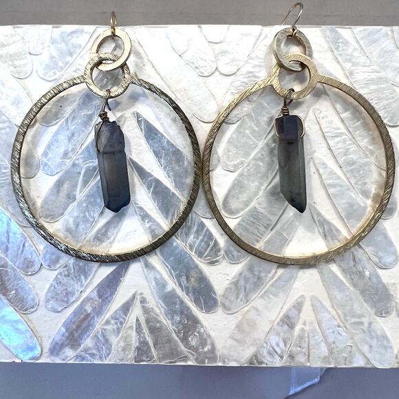 Gold-Tone Round Quartz Stone Hoop Earrings - Picture 5 of 10